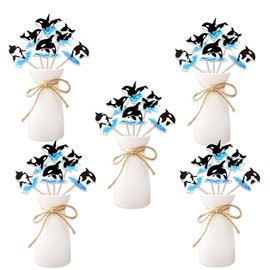 SHADOAMP Orca Birthday Party Decorations, 24pcs Orca Theme Table Centerpiece Sticks Double-sided Printing Ocean Theme Table Decorations for Under The Sea Theme Killer Whale Baby Shower Birthday Party