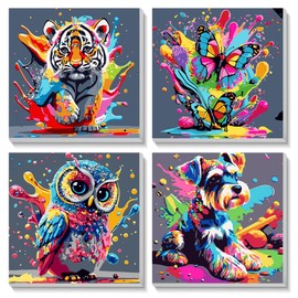 FLAJZ Paint by Numbers Children, Set of 4 Animals Painting by Numbers with Frame from 5 6 7 8 9 10 11 12 Years Girls and Boys, Coloured Canvas Acrylic Paints DIY Oil Painting Set for Home Decoration,