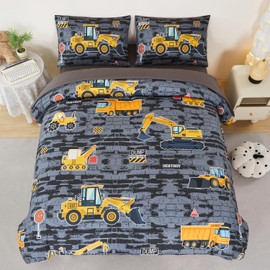 ANGIYUIN Gray Twin Size Comforter Set for Kids Teens Boys 5 Pieces Yellow Construction Bed in A Bag Cartoon Excavator Trucks Bedding Comforter Sets with Sheets