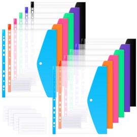 Plastic Wallets A4 Punched Pockets, 12 Pack 11 Holes Expandable Binder Folders for 2/3/4 Ring Document Pouch with Snap Button Label Loose-Leaf Transparent for Office School Home (Assorted Colours)