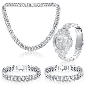 Huquary 4 Pcs Hip Hop Jewelry Set Cuban Link Chains Bling Rhinestone Watch Artificial Full of Diamond Necklace, Bracelets and Watch for Man (Silver)