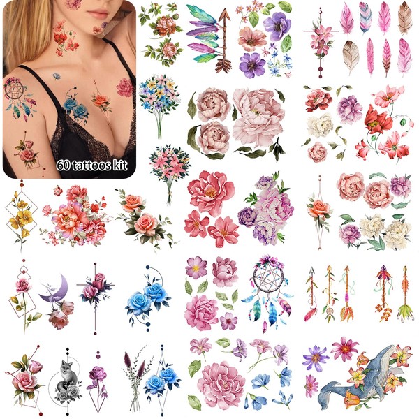Roarhowl 60 pattern,Color Temporary Tattoos for women sexy beautiful Flower,fake tattoo for women16 Sheets