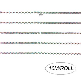 COGCHARGER 32.8 Feet 10M Stainless Steel Cable Chains Rainbow Color Flat Oval Chain with Spool Multi-color for Jewelry Necklace Bracelet Making Crafts