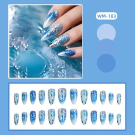 24Pcs Dragon Scale Press on Nails Medium Blue Gradient French Tip Press Ons False Nail Full Cover Glossy Almond Tip Stick on Nail Artificial Fingernails Acrylic Reusable Glue on Nails for Women