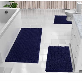 Yimobra Luxury Chenille Bathroom Rug Mat Set 3 Piece, Ultra Soft Shaggy Rugs and Non Slip Toilet Mats, Water Absorbent, Machine Washable, Plush Bathmats for Bath Floor, Tub, Shower, Navy Blue