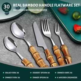 bamboo flatware sets, bamboo handle cutlery set, household kitchen utensil flatware sets for 6, recommend Hand Washing (30 pieces)