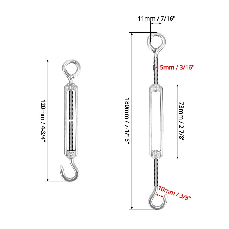 QWORK® Pack of 10 M5 Turnbuckles 304 Stainless Steel, Adjustable