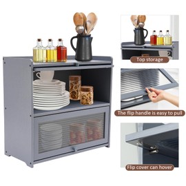 Countertop Storage Cabinet, Multipurpose Organizer Cabinet w/Glass Doors, Bamboo Kitchen Pantry Sideboard, Console Dining Cupboard (Gray, Lamps not Included, 20.5" D x 9.8" W x 19.7" H)