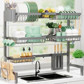 Sakugi Dish Drying Rack - Over The Sink Dish Drainer Drying Rack with Utensil & Knife Holder, Hooks, Stainless Steel Kitchen Organizers and Storage Solution, 11.8" D x 31.5"~39.0''W x 30" H, Gray
