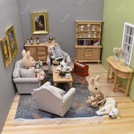 iLAND Miniature Wooden Dollhouse Furniture Set: Sofa, Cabinets, Coffee Table for Dollhouse Living Room (Classic Doll Furniture 7pcs)