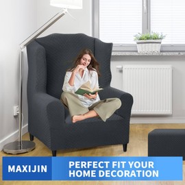 MAXIJIN Wingback Chair Covers 1-Piece Stretch Wing Chair Covers Soft Thick Wingback Armchair Slipcover Non-Slip High Back Chair Furniture Protector Washable (Wing Chair, Dark Gray)