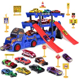 Vehículo de transporte para niños y niñas, remolque de camión con 8 coches, calcomanías y señales de carretera, juguete de lanzamiento de coche, regalo para cumpleaños y fiesta, adecuado para niños de 3, 4, 5, 6 años