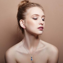 EleQueen Women's Silver-Tone Cute Cat Pendant Necklace Sapphire Color Adorned with Crystals