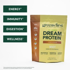 Greens First Dream Protein Powder Whey - 20g Protein Per Serving - Hormone-Free with Prebiotics - Non-GMO - No Artificial Sweeteners/MSG/Aspartame (Caramel Cappuccino, 25 oz)