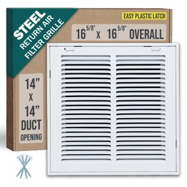 Fits 14x14 Duct Opening | Steel Return Air Filter Grille by Handua [Removable Door] for 1-inch Filters | Vent Cover Grill | White | Easy-to-Use Plastic Latches | Outer Dimensions: 16 5/8"W X 15 5/8"H