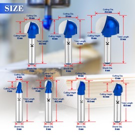 ASNOMY 7 Pieces Carbide Hollow Chamfer Cutter 8 mm Shank, Ball Cutter Wood Round Nose Core Box Woodworking Cutter - 6/8/10/12/16/20/25.4 mm