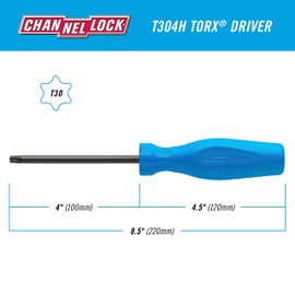 CHANNELLOCK T304H T30 x 4-inch Professional Torx Screwdriver, Magnetic Tip, Made in USA, Molded Tri-Lobe Grip
