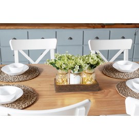 Mkono Mason Jar Lights Centerpiece Table Decorations for Dining Room Farmhouse Coffee Table Decor Wood Tray with 3 Jars Flowers for Kitchen Living Dining Room (Light Green)