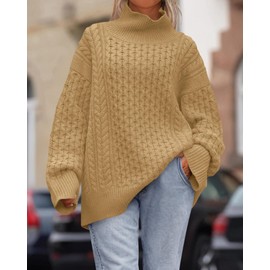 BTFBM Casual Women Fall Sweaters 2025 Long Sleeve Turtleneck Ribbed Knit Pullover Loose Cable Knit Sweater(Light Camel,X-Large)