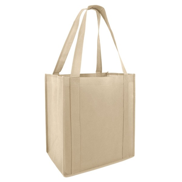 Reusable Grocery Shopping Bags with Plastic Bottom Insert Heavy Duty Non Woven Promotional Tote Bags for Giveaway Favors, Khaki, Set of 24