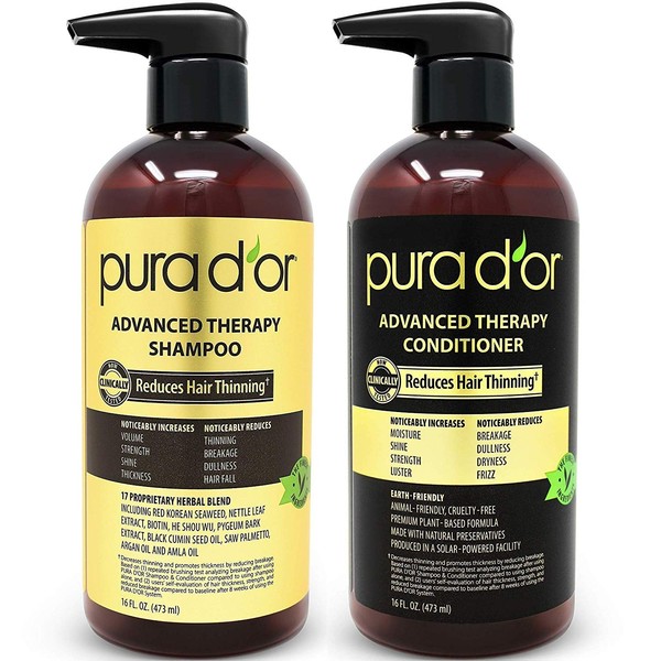 PURA D'OR Advanced Therapy System Shampoo & Conditioner - Increases Volume, Strength and Shine, No Sulfates, Made with Argan Oil, All Hair Types, Men & Women, 16 fl oz (Packaging may vary)