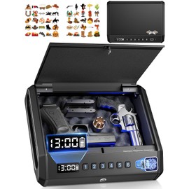 Gun Safe with LCD Display, ≤0.1s Quick Access Handgun Safe for 2-4 Pistols, Hand Gun Lock Box with Fingerprint | Keypad | and Keys