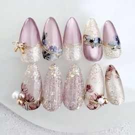 24Pcs Purple Press on Nails Almond Medium Pearl Flower Fake Nails Glitter Gradient French Tip False Nails with 3D Flowers Pearl Designs Luxury Glue on Nails Sparkly Acrylic Artificial Nails for Women