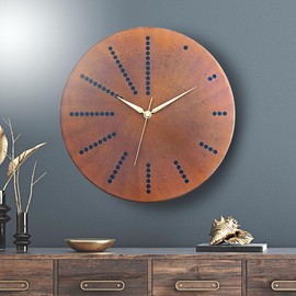 12 Inch Copper Wall Clock Battery Operated, Rusty Brown Patina Real Copper Non-Ticking Silent Farmhouse Modern Small Clock for Living Room Wall Decor, Kitchen, Bedroom, Office (Gold Colored Hands)