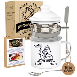 15OZ Bacon Grease Container with Strainer - With Food-Grade Silicone Spatula and Spoon, Farmhouse Enamel Bacon Grease Saver, Fat Keeper, Recipes, Dishwasher Safe