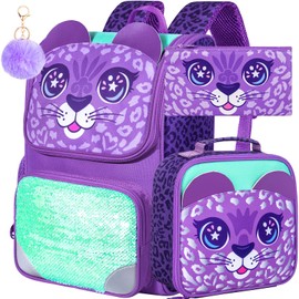KLFVB 3PCS Girls Backpack, 15" Sequin Bookbag with Lunch Box, Kids Preschool School Bag for Elementary Toddler Students - Purple Leopard