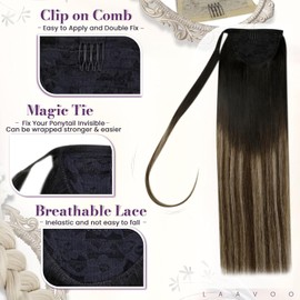 LaaVoo Balayage Human Hair Ponytail Extension for Women Black Ombre Ponytail Extension Human Hair Balayage Brown Pony Tails Hair Extensions Human Hair Wrap Around Long Straight 18 Inch 80g