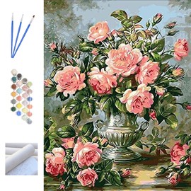 Metuu DIY Painting by Numbers Kits for Adult and Kids Beginner, Oil Painting Kit with Paint Brushes Acrylic Pigment Drawing Paintwork 16 x 20 Inch - Pink Rose(Without Frame)