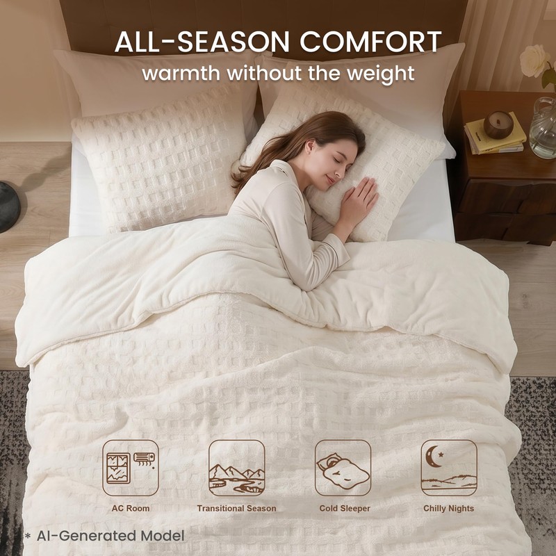 Amélie Home Plush Fleece Comforter Set Queen Size, Cream White