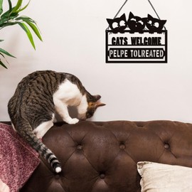 Black Cat Welcome People Tolerated Sign, Metal Cat Home Decor Gifts For Cat Lovers, Cat Gift For Women, Cat Wall Art Hanging Decor Door Sign