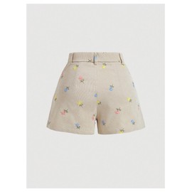 Floerns Girl's Summer Cute Floral Embroidery Straight Leg Casual Corduroy Shorts Beige 10 Years