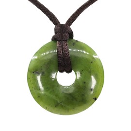 Keleny Natural Green Canadian Nephrite Jade Gemstones 30mm Circle Coin Peace Donut Pendant Adjustable Braided Brown Rope Necklaces