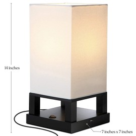 Brightech Maxwell Bedside Lamp with USB Port – Compact Table Lamp for Bedroom, Living Room - Modern Asian Nightstand Lamp with Wood Frame - LED Bulb, Soft Light - Black