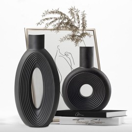 White Ceramic Vase Set of 2，Square Vase Rustic Home Decor Minimalist Nordic Boho Style for Living Room, Shelf, Table, Bookshelf, Mantel and Entryway Decor Vases - Color: Round Black