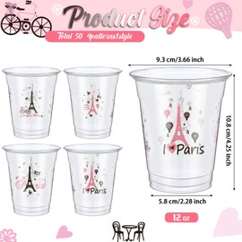 Yaomiao 50 Pieces Paris Tower Plastic Cups 12 oz Bulk Retro Paris Tower Clear Disposable Cups Drinking Beverage Supplies for Birthday Baby Shower Bridal Shower Bachelorette Party Decoration
