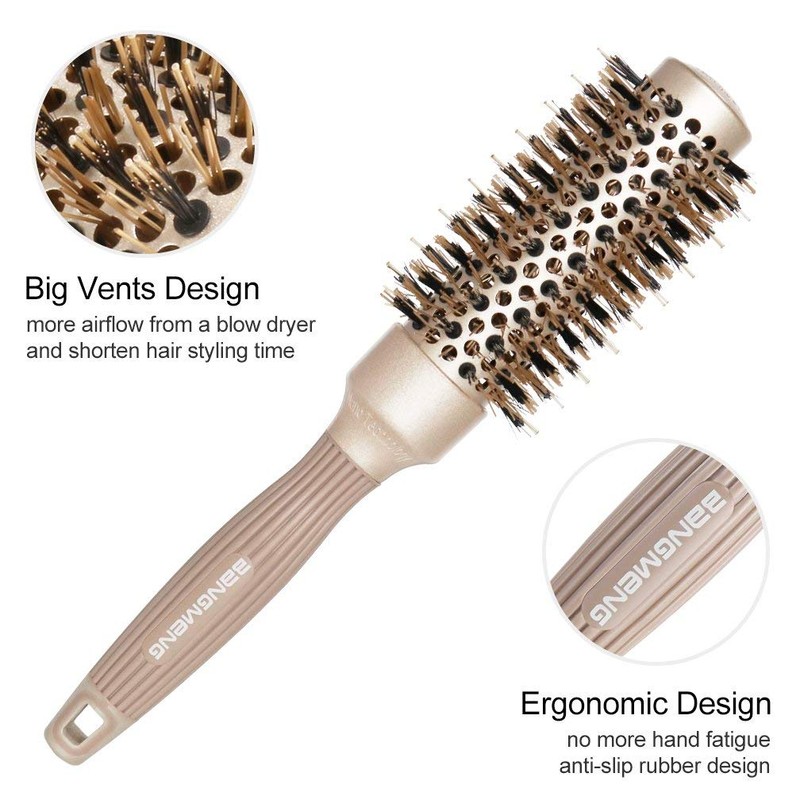 BANGMENG Round Barrel Anti-Static Hair Brush with Boar Bristles, Nano