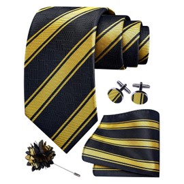 GUSLESON Yellow Gold Striped Tie for Wedding Mens Silk Black Necktie Pocket Square Cufflinks and Lapel Pin Brooch Set (6108-48)