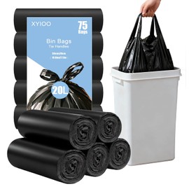 Bin Liners 20 L with Carry Handle Pack of 75 Black Bin Bags Opaque Bin Bags Tear-Resistant Waste Bags with Drawstring