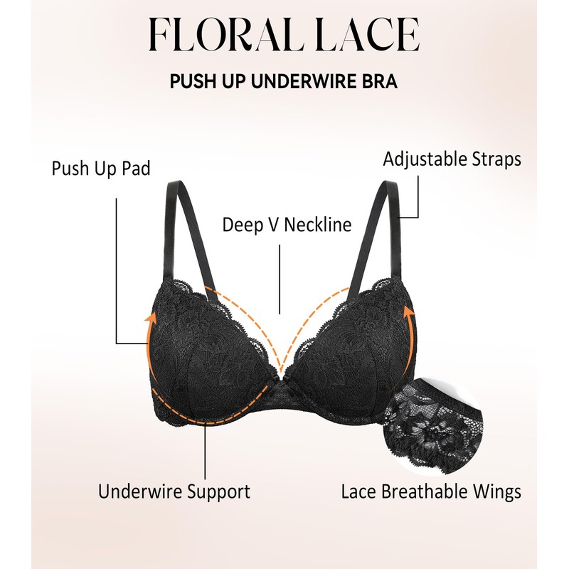 Exclare Women's Push Up Lace Bra Deep V Plunge Thick