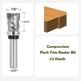 Akylin Ultra-Perfomance Compressiom Spiral Flush Trim Router Bit 1/2 Shank, Template Top Bearing Router Bit 7/8" Cutting Dia, 1-3/16" Cut Height, for Woodworking Trimming Cutter- 12.7 * 22.2 * 30