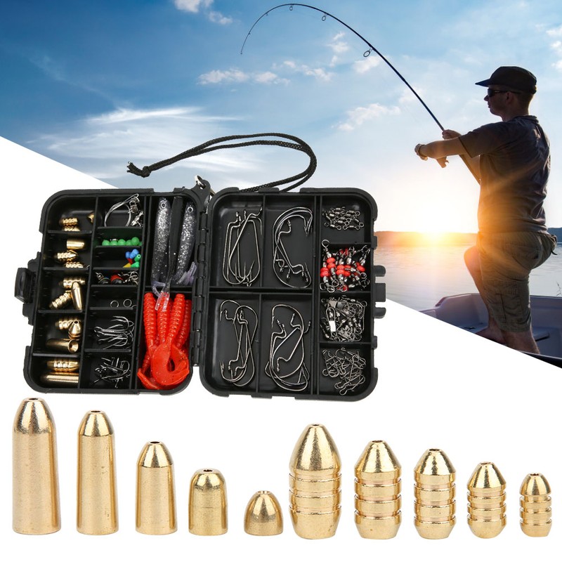 138 pcs Fishing Lure Baits Hook Copper Color Sinkers Weights