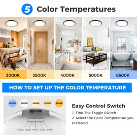 Peasur Bathroom Light, 3000K/3500K/4000K/5000K/6500K 5 Color Temperature LED Ceiling Light, 24W 2800LM, IP54 Waterproof, Round, Modern, Flush Ceiling Light for Bathroom, Kitchen, BedroomØ33CM(Black)