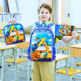 TXHVO 3Pcs Kids Backpack for Boys, 16" Excavator Bookbag Set for Elementary Preschool Kindergarten, School Backpacks with Lunch Box(Blue)