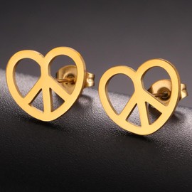 Stainless Steel Heart Shaped World Peace Sign Stud Earrings (Gold)