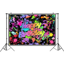 Lofaris Neno Glow in The Dark Birthday Party Photography Backdrops Colorful Graffiti Splash Paint Background Slime Happy Birthday Black Light Sleppover Party Banner Decor for Kids Birthday Supplies