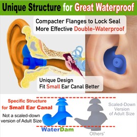 WaterDam A-Series Swimming Ear Plugs Ultra Comfy Great Waterproof Earplugs (Mixed Sizes, Size 1A+1: Toddler Little Kids 10m-6yrs & ExtraSmall Ear Women&Teens)